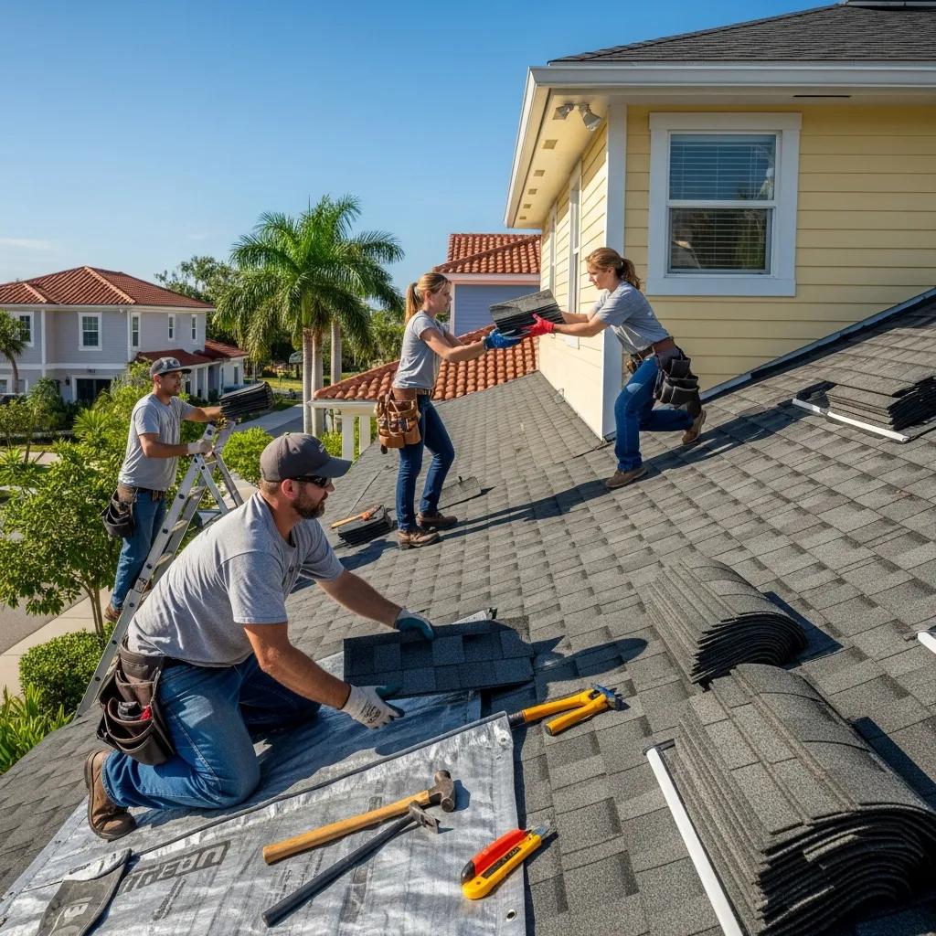 Family-owned roofing team working on a residential roof in Florida, showcasing craftsmanship and community spirit